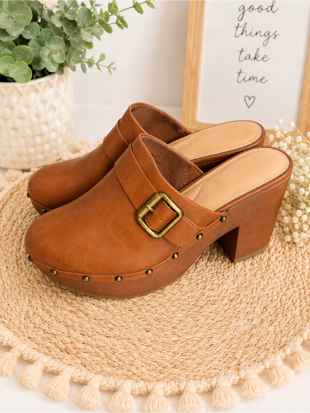 Time and Tru Cognac Buckle Clog Heels